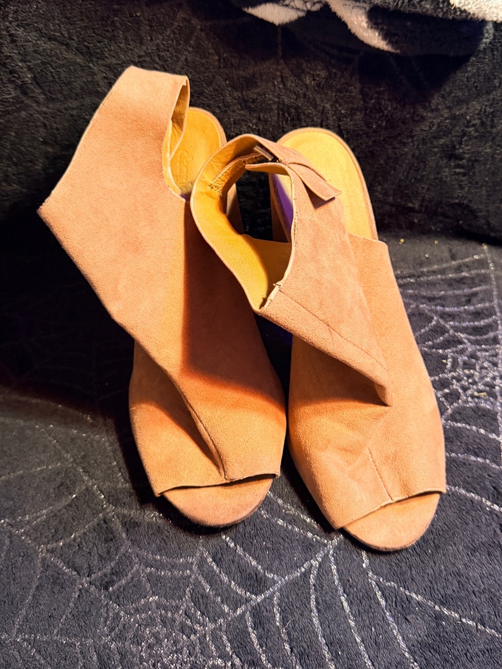 Charlotte Russe Women's Open-Toe Suede Slingback Heels in Tan